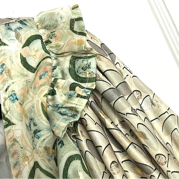 NEVER FULLY DRESSED Satin Puffed Sleeve Cold Shoulder Ruffled Wrap Midi Dress 2 - Picture 12 of 13